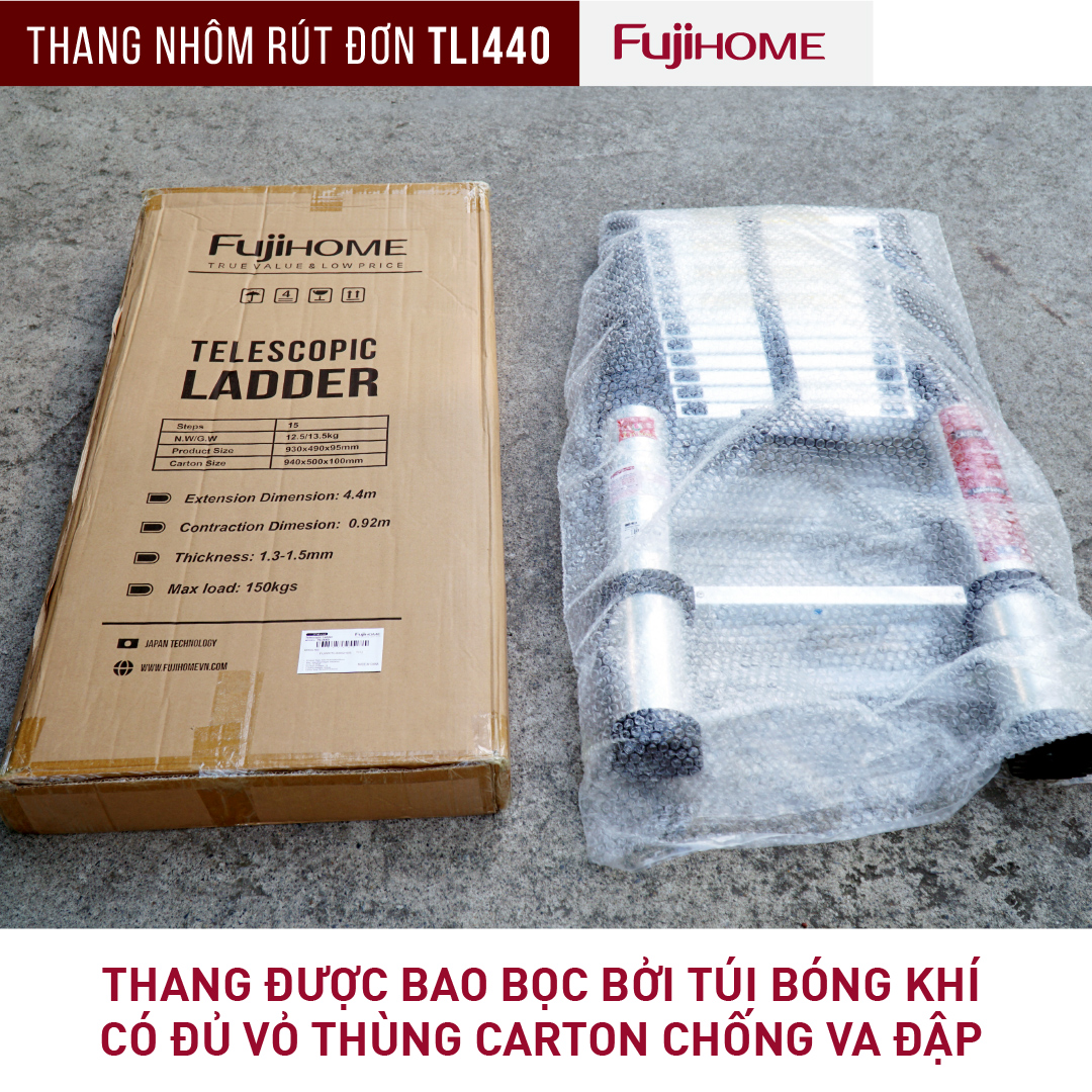 Thang nhôm rút đơn 4,4M gấp gọn Nhật Bản Fujihome chống trượt, thang rút gấp xếp gọn gia đình 4m4 mét đa năng có khóa an telescoping ladder