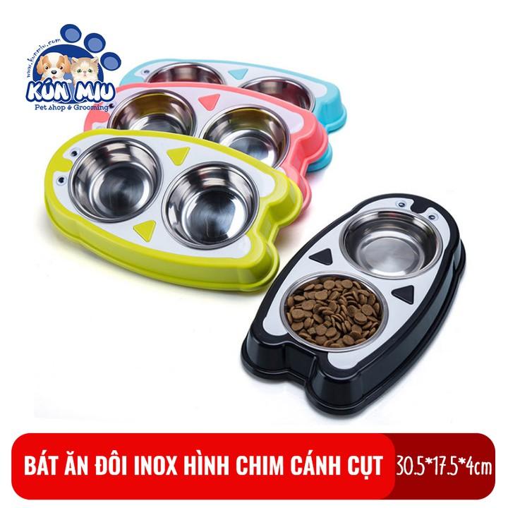 Bát ăn đôi inox cho chó mèo hình chim cánh cụt nhiều màu sắc Kún Miu