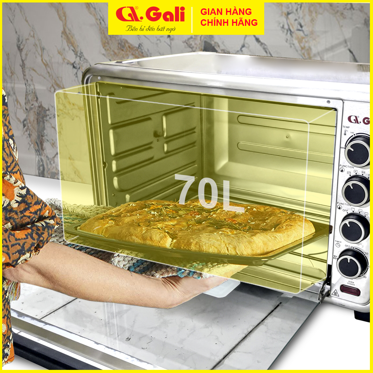 Lò nướng điện đa năng dung tích lớn 70 lít, có đèn, xiên quay, quạt đối lưu, hàng chính hãng Gali bảo hành 12 tháng.