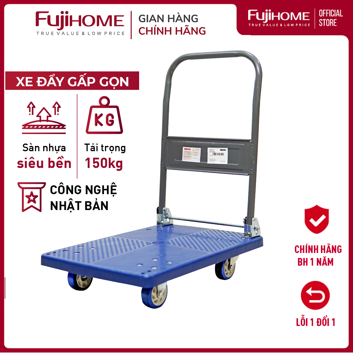 Xe đẩy hàng 4 bánh gấp gọn 200kg đa năng sàn nhựa nhập khẩu FUJIHOME PH200A, bánh cao su chống ồn