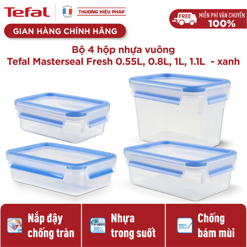Bộ 4 hộp bảo quản thực phẩm nhựa BBA free, Tefal Masterseal Fresh, sản xuất tại Đức (550ml, 800ml, 1000ml, 1100ml) - Hàng chính hãng