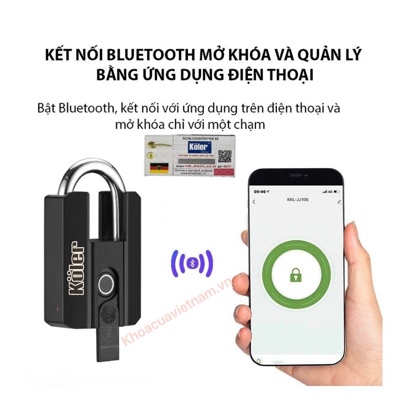 Khóa Móc Vân Tay KOLER. Mở Bằng APP, Vân tay và Chìa cơ. Chống Nước Và Quản Lý Mở cửa.