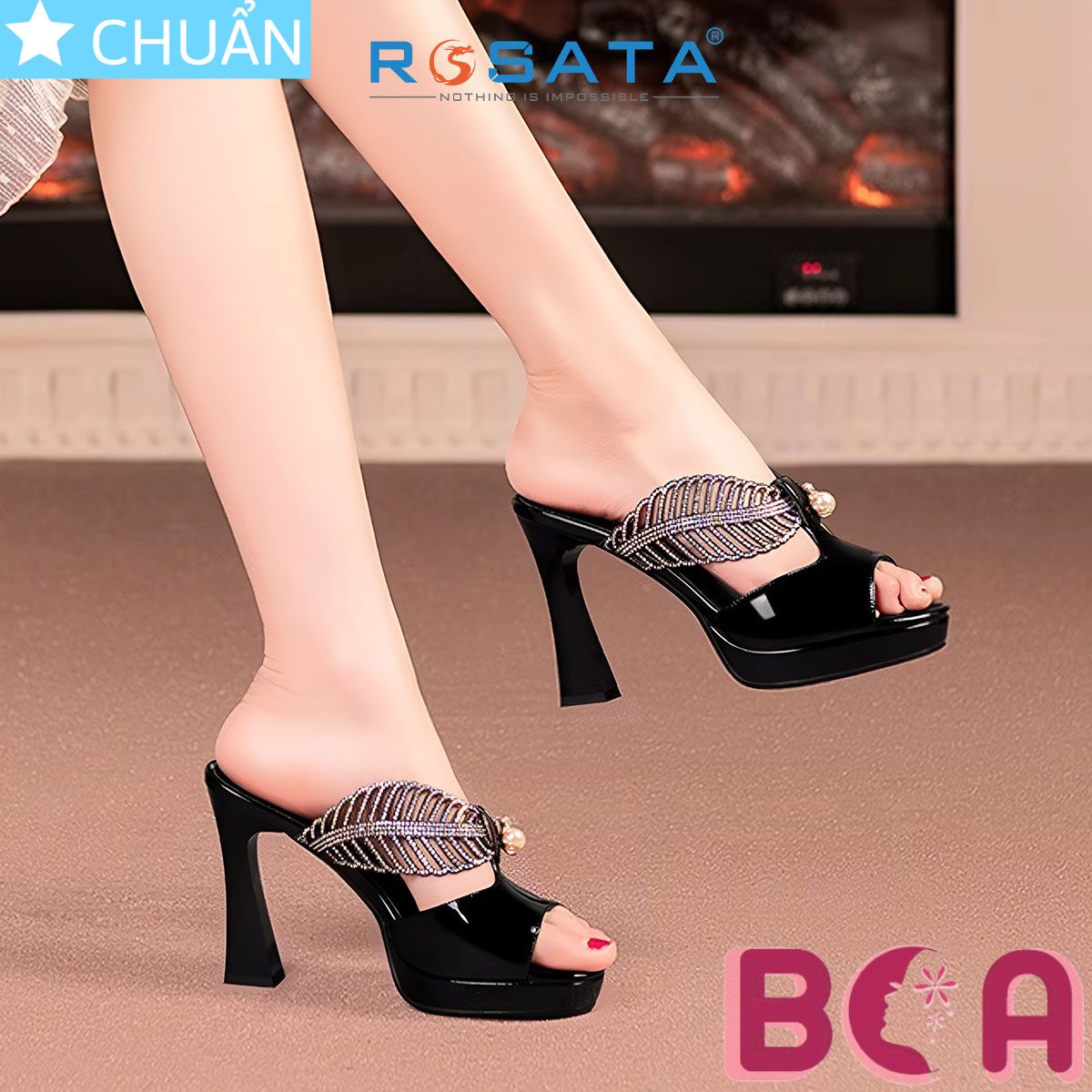 Dép nữ đẹp chính hãng cao gót 9 phân RO665 ROSATA tại BCASHOP thời trang và tôn dáng với thiết kế 2 chiếc lá đính nhau