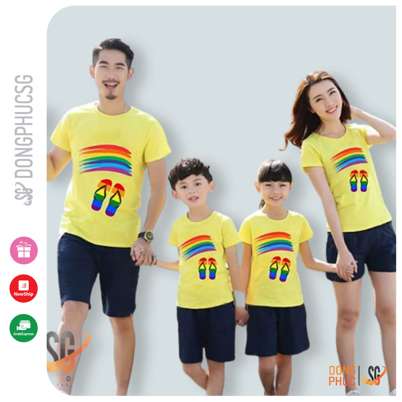Áo thun gia đình 3/4/5 người giá rẻ - Mẫu cầu vòng áo màu vàng thun cotton 4 chiều dày dặn GD269VD | SG