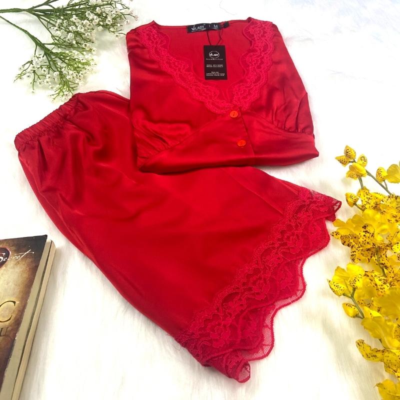 Đồ bộ pijama lụa, đồ mặc nhà nữ VILADY - B126 kiệu quần đủi tay cộc họa tiết trơn phối ren sexy quyến rũ, chất liệu lụa Pháp ( lụa latin) cao cấp - Màu đỏ