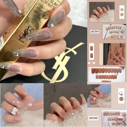 Set 24 móng tay giả , nail giả khuôn dài màu trong đính đá charm cực kỳ sang chảnh