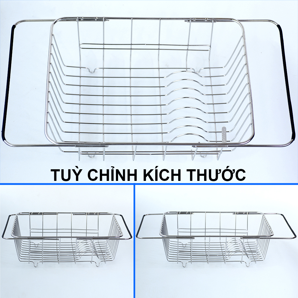 Khay Inox 304 đựng chén đĩa, trái cây gác lên bồn chậu rửa chén - có thể co giãn từ 33-46cm - Hobby KDC3