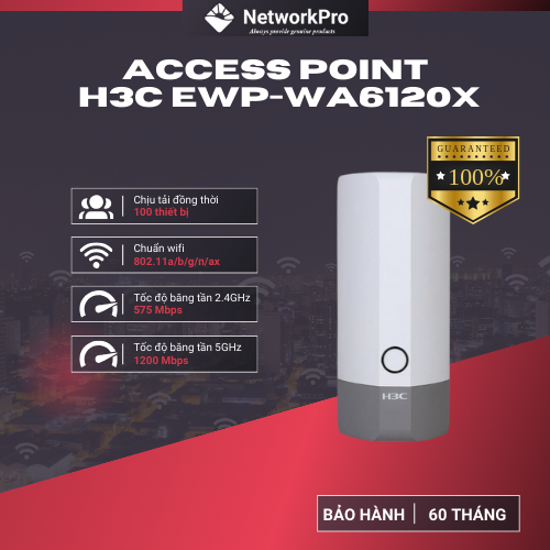 Bộ Phát WiFi 6 Ngoài Trời H3C EWP-WA6120X Hàng Chính Hãng – Tốc Độ 1775 Gbps, Chịu Tải 100 User