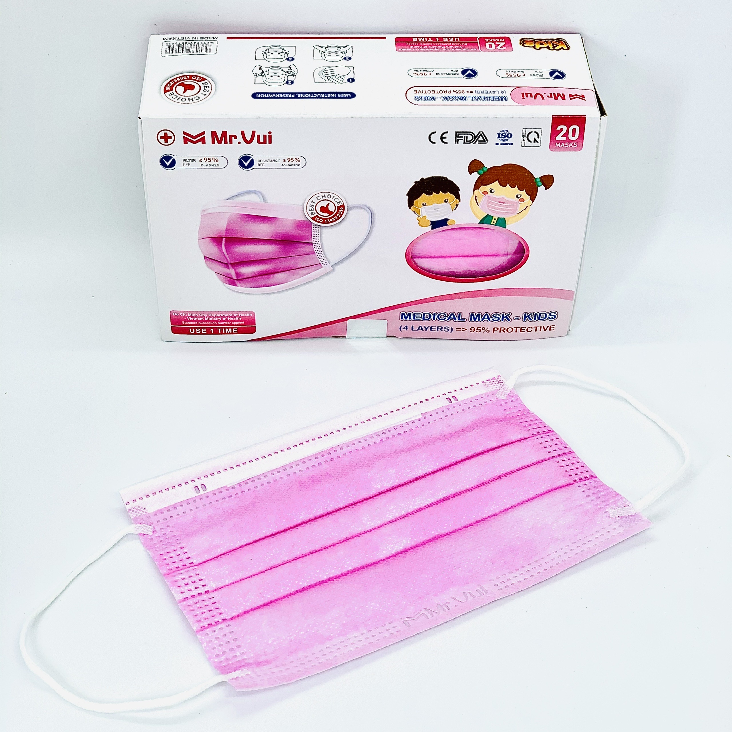 KHẨU TRANG Y TẾ 4 LỚP CHO TRẺ EM Mr.VUI - VẢI KHÔNG DỆT KHÁNG KHUẨN – HỘP 20 CÁI – MÀU HỒNG