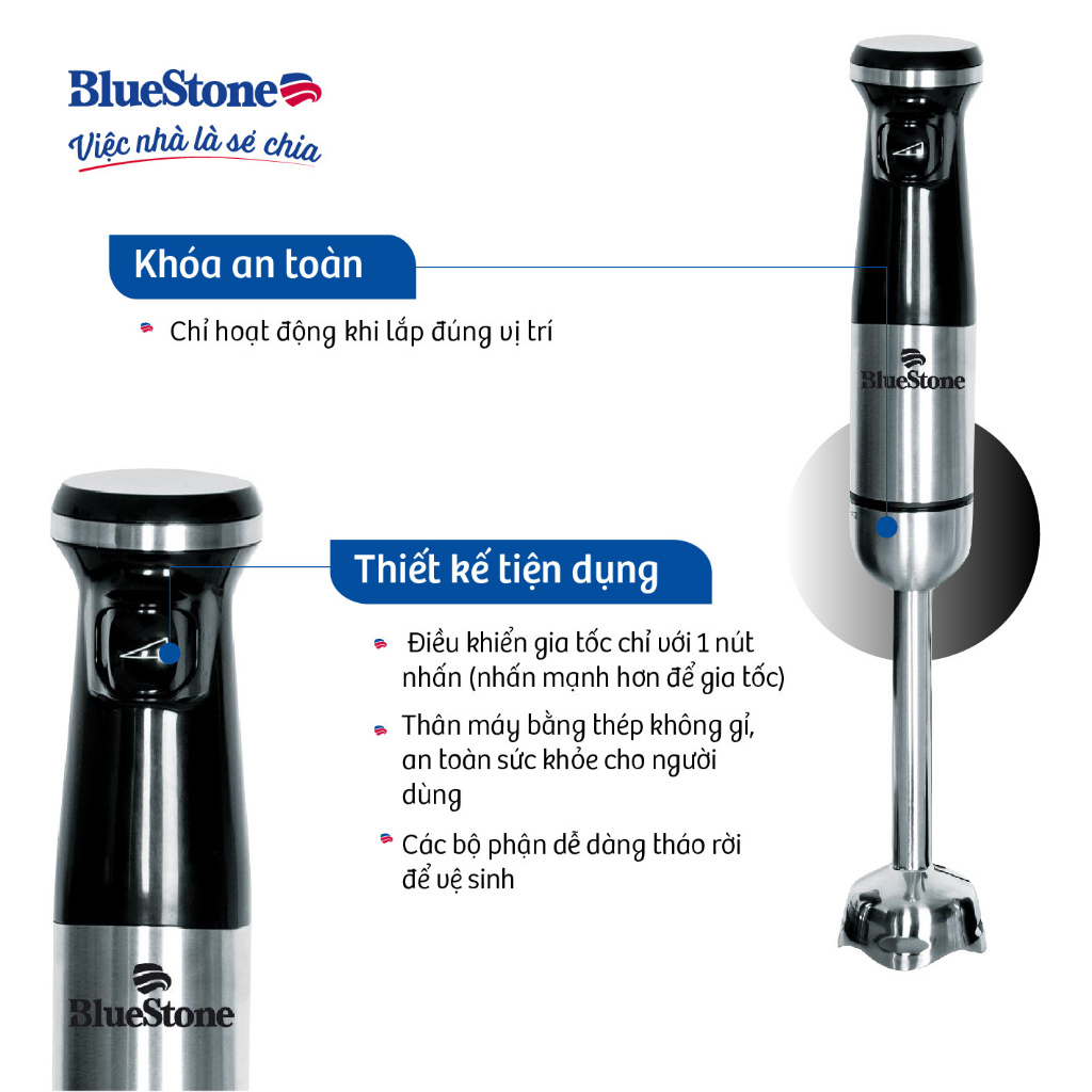 Máy Xay Sinh Tố Cầm Tay Bluestone BLB-5268, Công Suất 800W, Xay Sinh Tố, Cháo Nóng, Xay Thịt Đa Năng, Hàng Chính Hãng