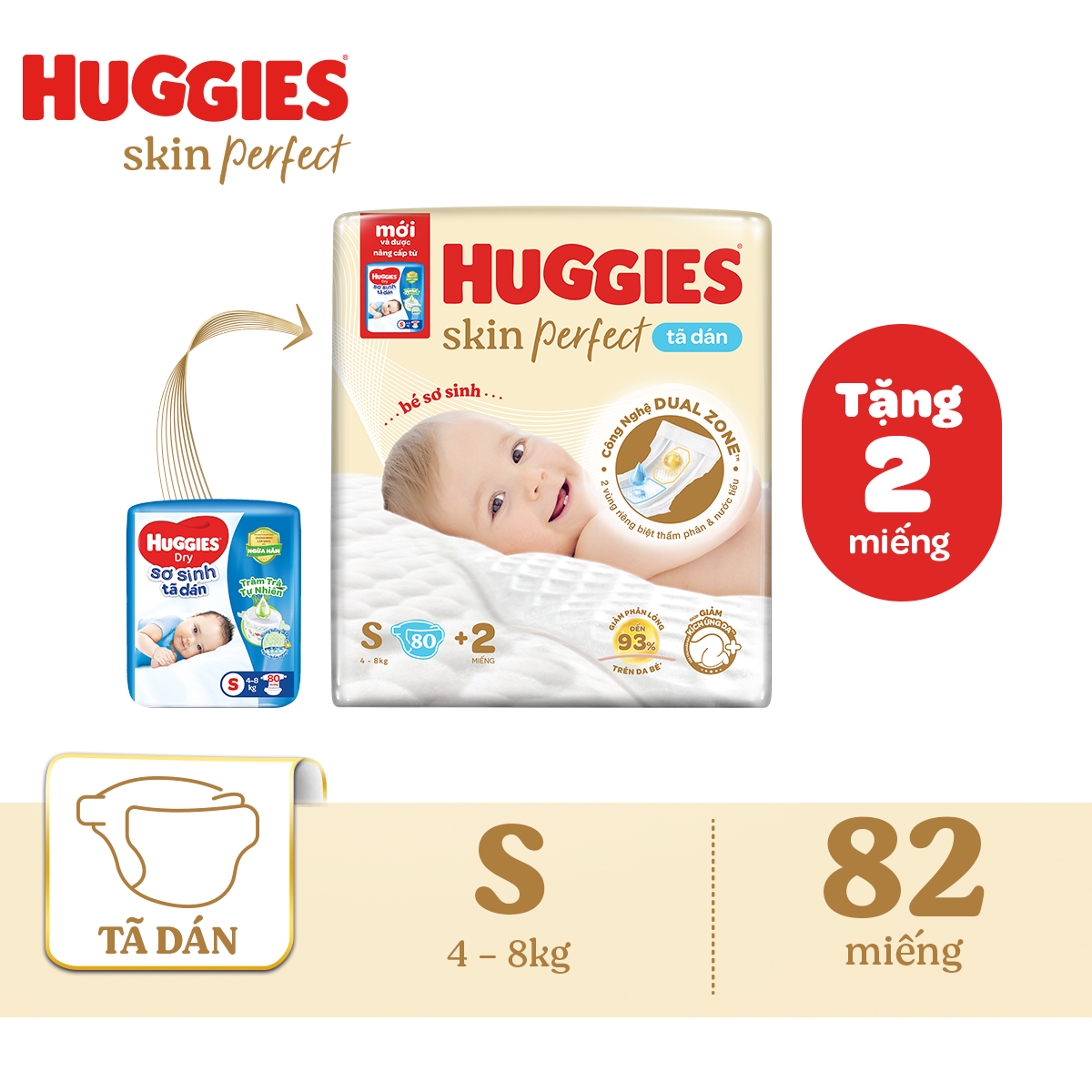 Combo 3 gói Tã/bỉm dán sơ sinh Huggies Skin Perfect  S 80+2 miếng với 2 vùng thấm giảm kích ứng da