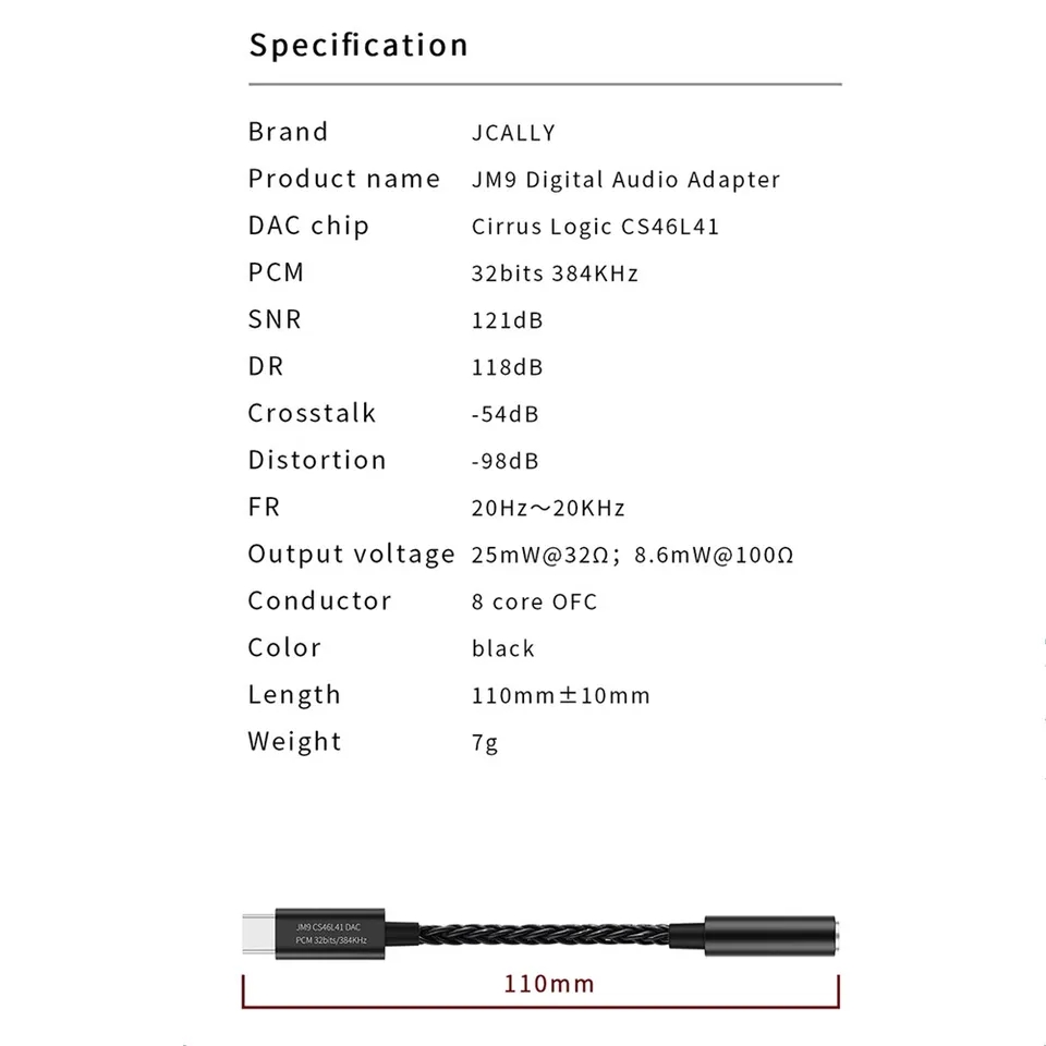 Cáp chuyển DAC cổng Type C sang 3.5mm JCALLY JM9, Chip Circus Logic CS46L41 chất lượng cao, hỗ trợ 32 bit/ 384 Khz - Hàng chính hãng