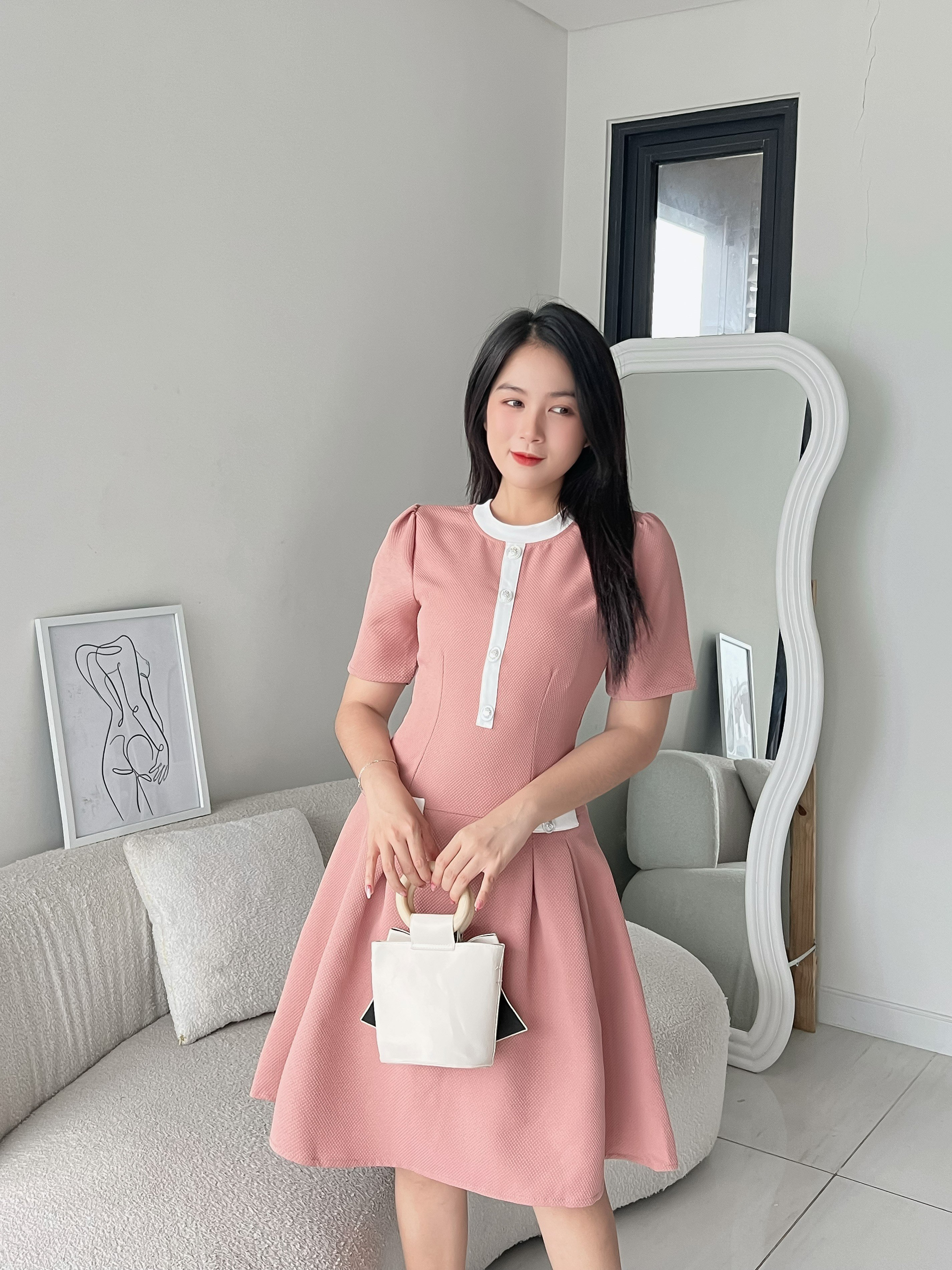 Đầm xòe phối cổ trụ trắng DA050 - Lady Fashion - Khánh Linh Style