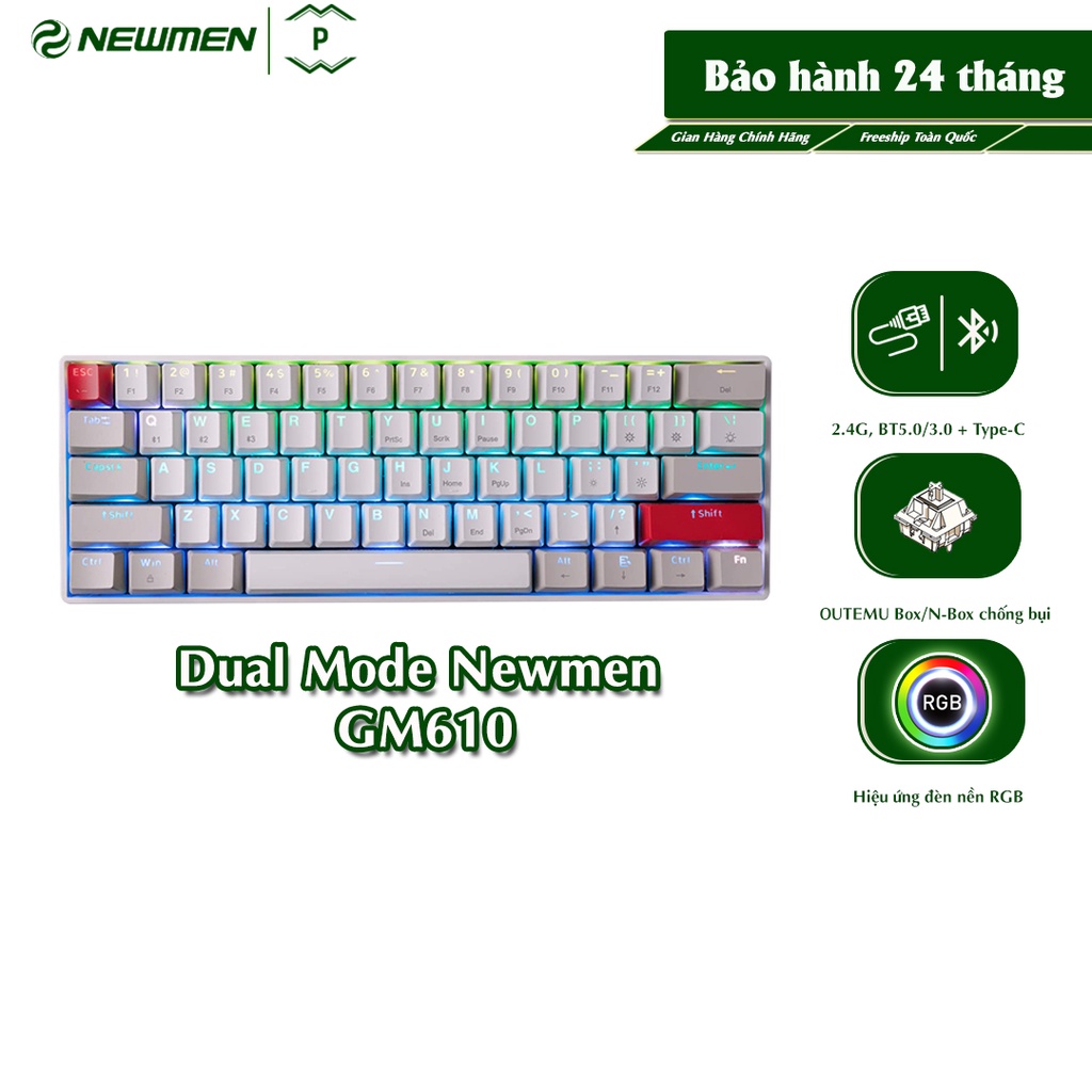Bàn phím cơ không dây Dual Mode Newmen GM610 Layout 61 phím Hotswap,đa chế độ kết nối,dùng cho PC/laptop/ĐT, bảo hành 24 tháng - Hàng chính hãng