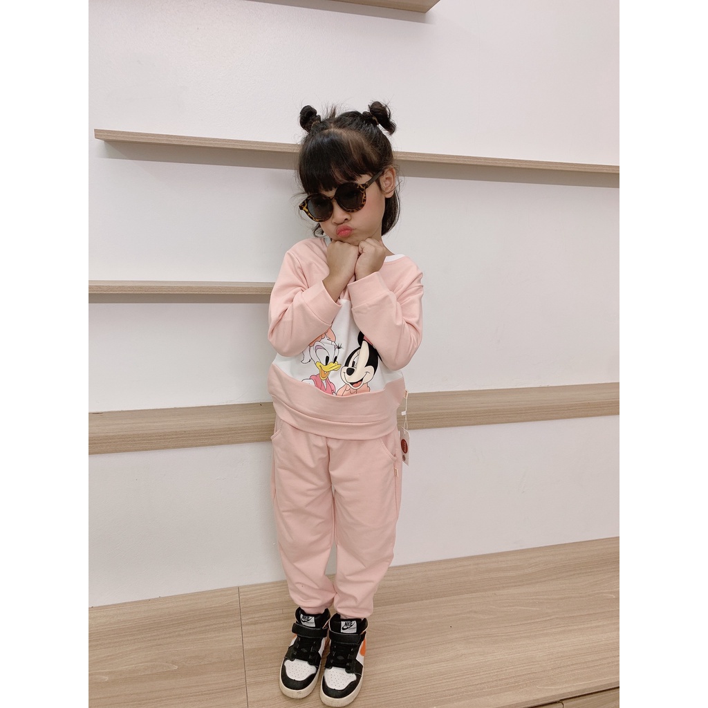 Quần áo trẻ em, bộ quần áo cotton dài tay Mickey màu hồng, màu vàng, màu tím cho bé gái từ 9kg đến 18kg của BERNIE