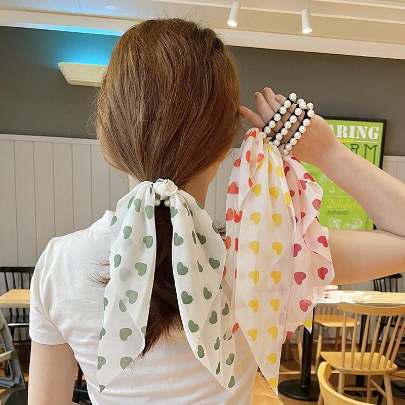 Cột tóc voan tim dây dài thắt nút phối ngọc trai giả phong cách Hàn Quốc Tatitava
