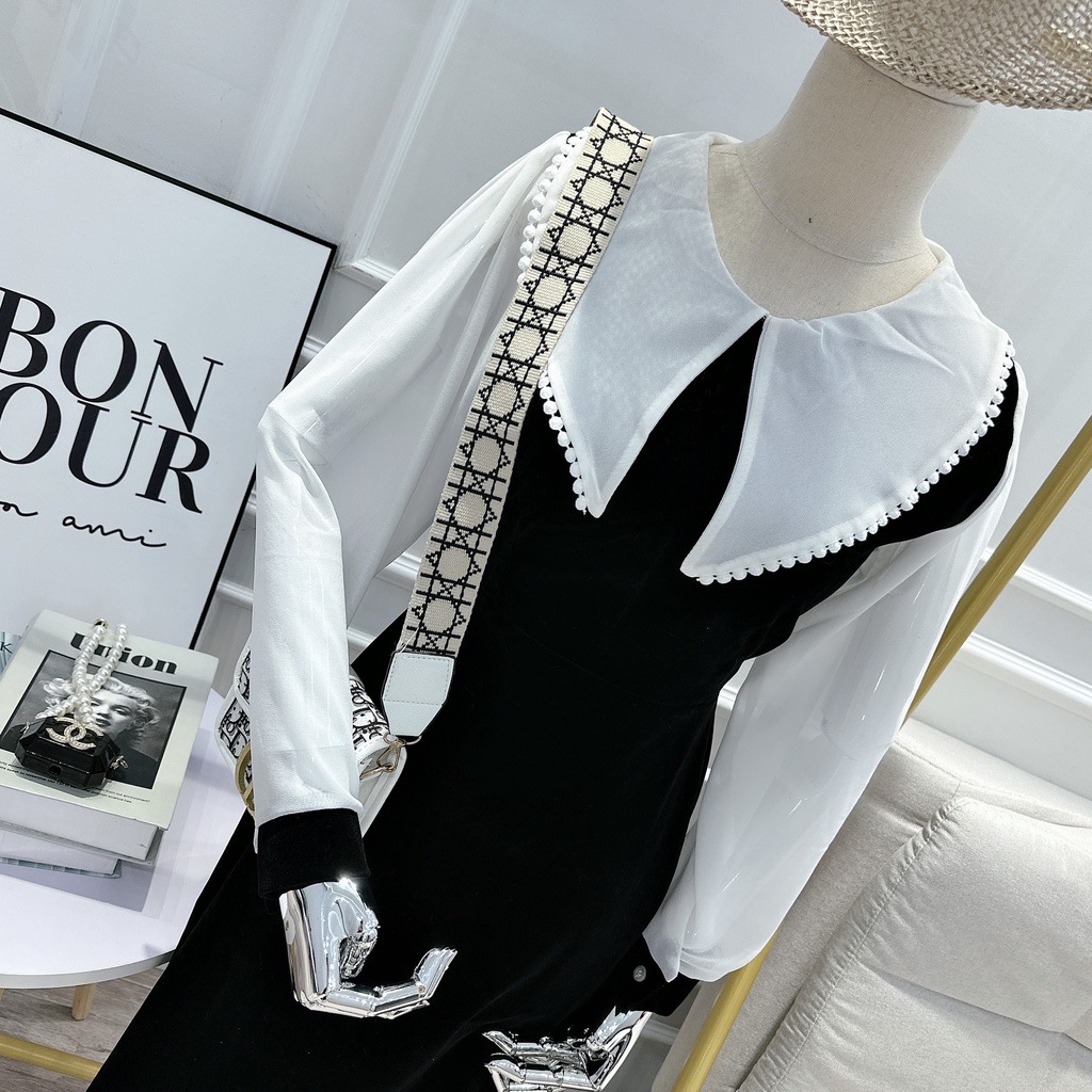 Váy nhung cổ pha trắng