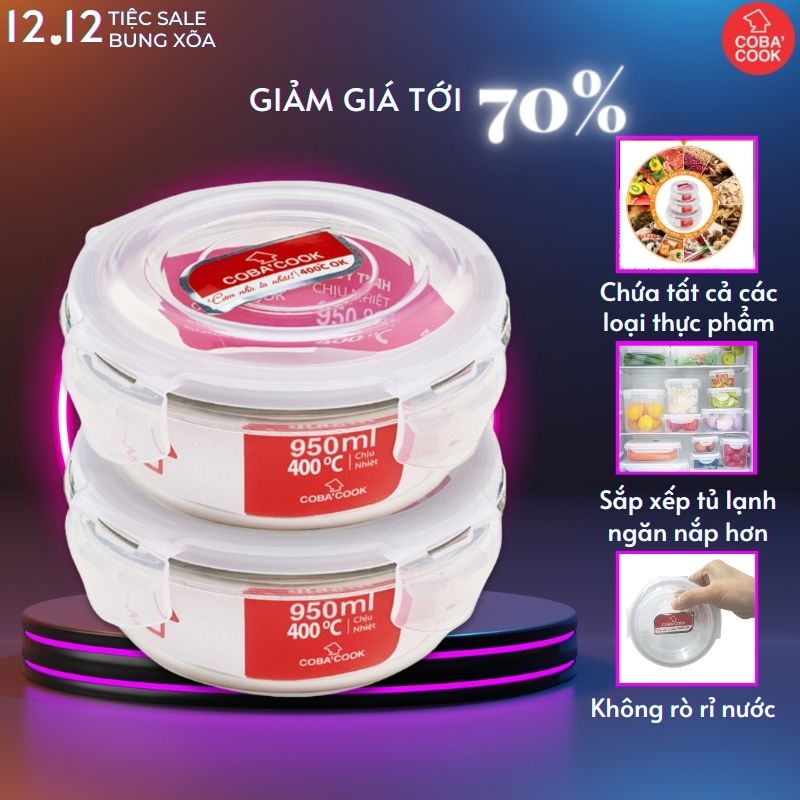 Bộ 2 hộp trữ thức ăn đựng cơm thực phẩm chịu nhiệt COBACOOK hộp thủy tinh hình tròn dung tích 950ml- CCR92