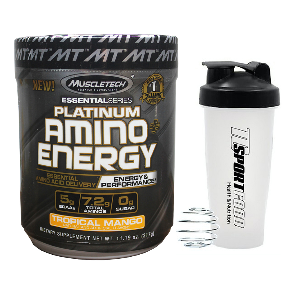 Combo BCAA Platinum Amino Plus Energy của Muscle Tech hương Tropical Mango (XOÀI) hộp 30 lần dùng hỗ trợ tăng sức bền, sức mạnh, đốt mỡ giảm cân mạnh mẽ, phục hồi cơ nhanh chóng cho người tập GYM và chơi thể thao thao & Bình lắc 600ml (Mầu ngẫu nhiên)