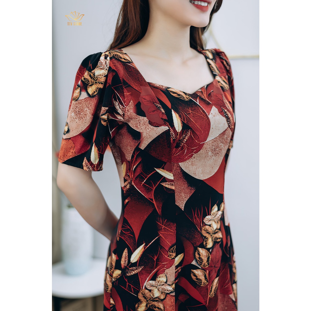 Đầm 6 mảnh thiết kế trung niên sang trọng quý phái Cổ vuông tay ngắn màu Đen hoa đỏ TTV STORE TTV1256