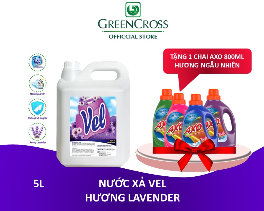 NƯỚC XẢ VẢI VEL CAN 5L - TẶNG 1 CHAI AXO TẨY GIỮ MÀU 800ML HOA ĐÀO/LAVENDER