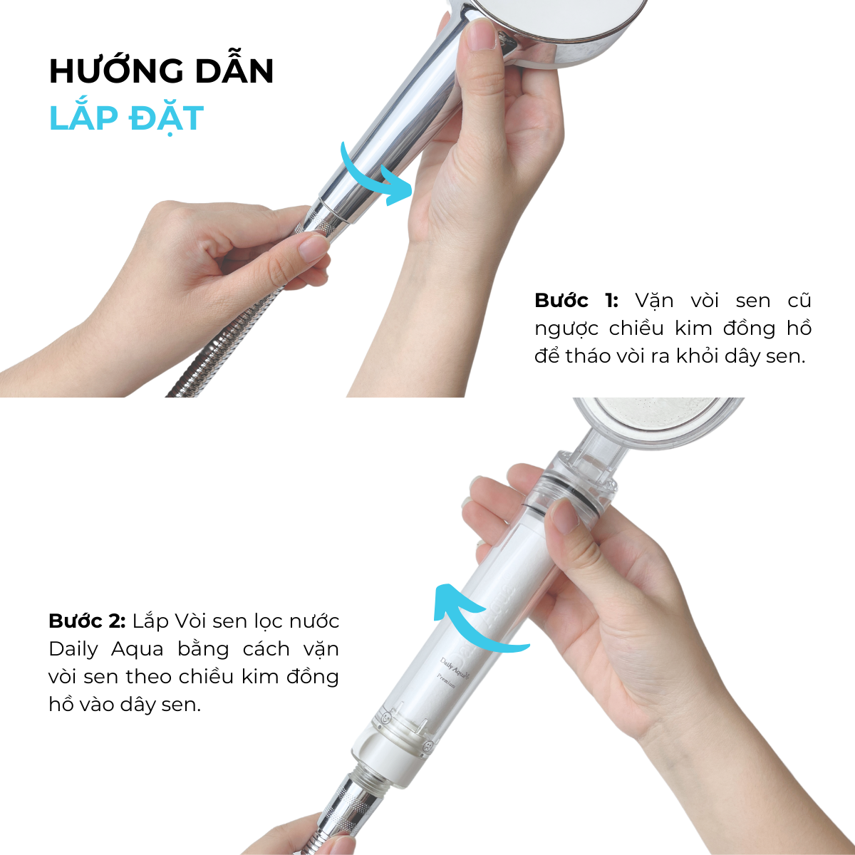 Bộ Vòi Sen Tăng Áp Lọc Nước Daily Aqua Kèm Lõi Lọc và Màng Lọc - Loại Bỏ Bụi Bẩn Vi Khuẩn, Tạp Chất