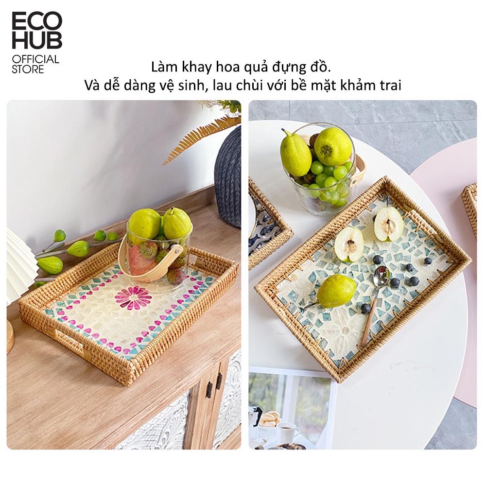 Khay mây chữ nhật ECOHUB có họa tiết đáy vintage đựng hoa quả, ấm trà, đồ ăn, mỹ phẩm (Rattan Tray)