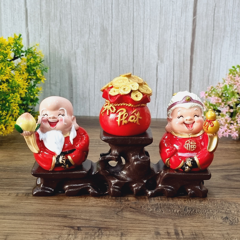 Bộ Ông Bà Thọ - Bách Niên Giai Lão kèm túi đỏ chữ Phát và chân đế tam cấp vuông nhỏ