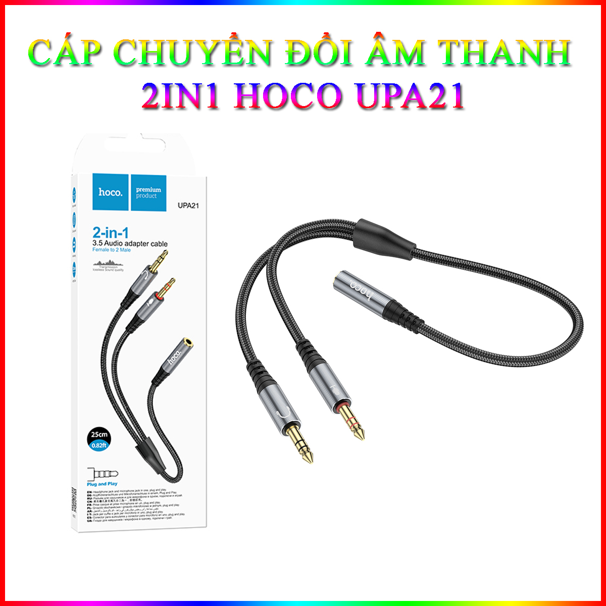 Cáp Chuyển Đổi Âm Thanh Tai Nghe 2 Trong 1 Dành Cho Hoco Upa21 Jack 3.5 Audio Dây Dù Dài 25Cm Hàng Chính Hãng