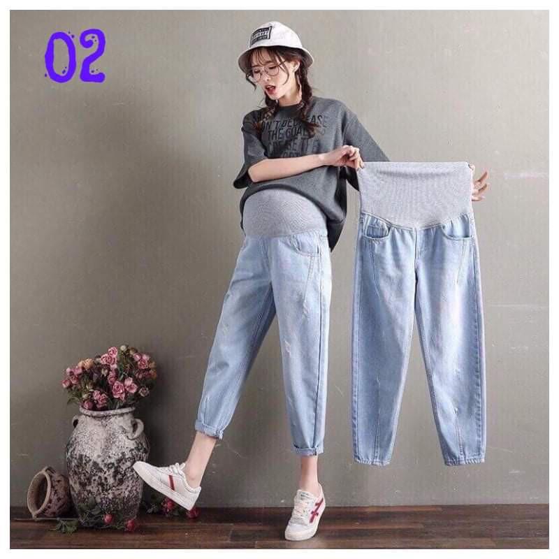 Quần bầu baggy bò - Quần bầu jean baggy công sở co giãn mềm mại đẹp có chun chỉnh