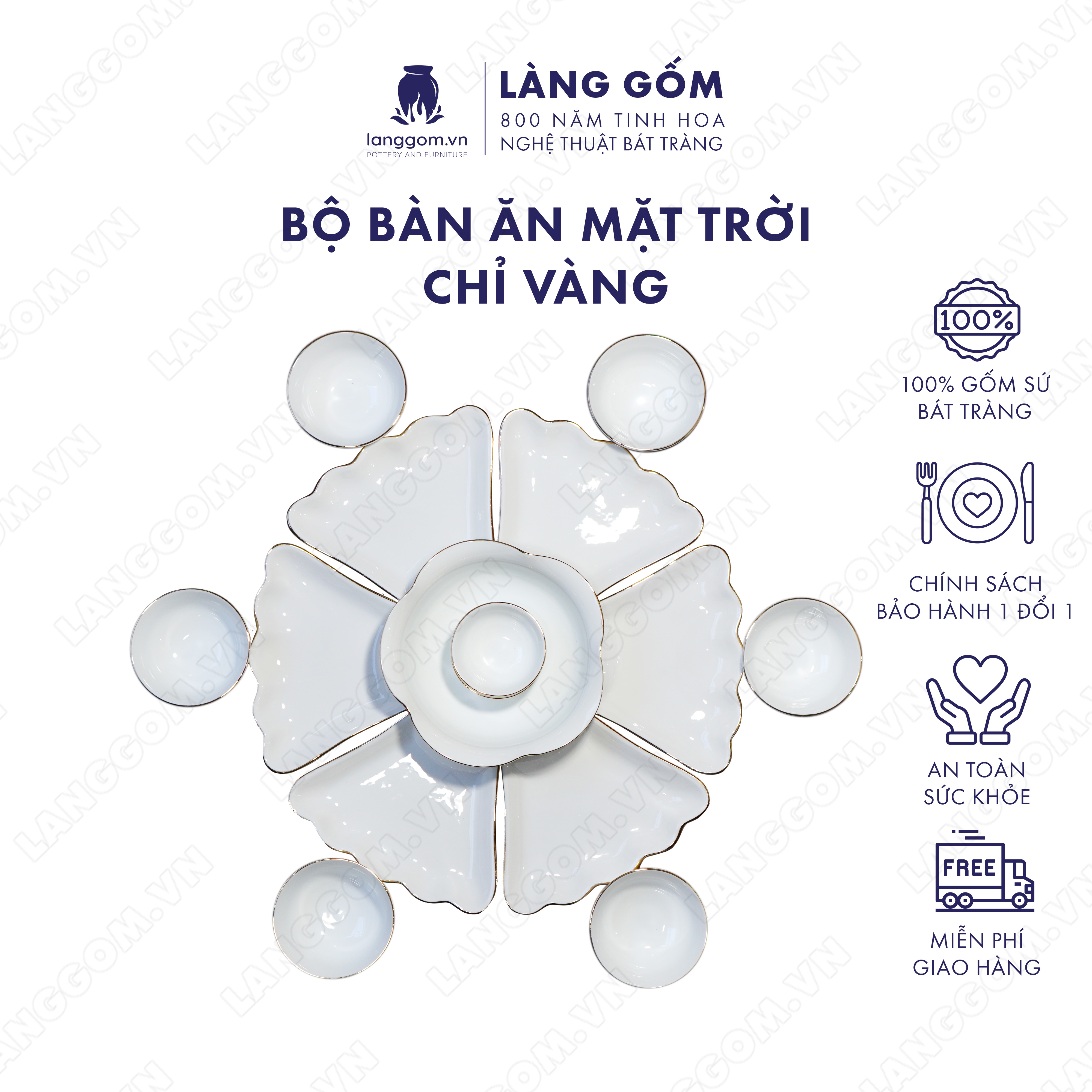 Bộ bàn ăn mặt trời Men trắng vẽ chỉ vàng - Size: 45 cm - Gốm sứ Bát Tràng - langgom.vn