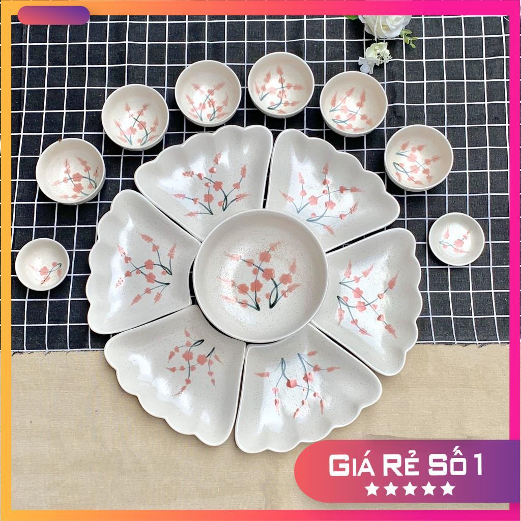 Bộ bát đĩa, bộ đồ ăn mặt trời trắng vẽ hoa đào màu đen cao cấp Bát Tràng