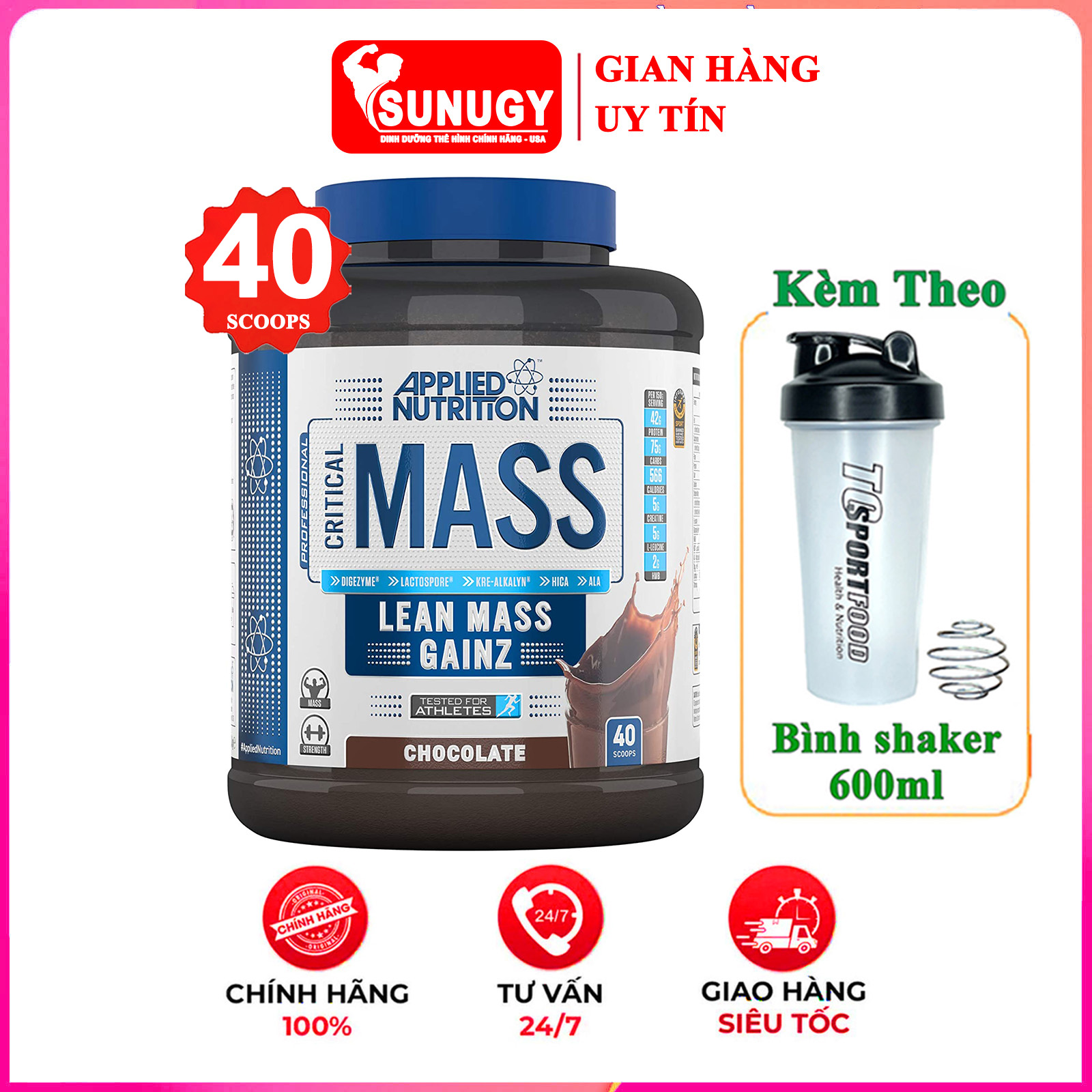 Combo Sữa tăng cân tăng cơ nạc Critical Mass của APPLIED NUTRITION hộp 2.4kg hỗ trợ tăng cân, tăng cơ nhanh cho người gầy kén ăn & Bình shaker 600ml