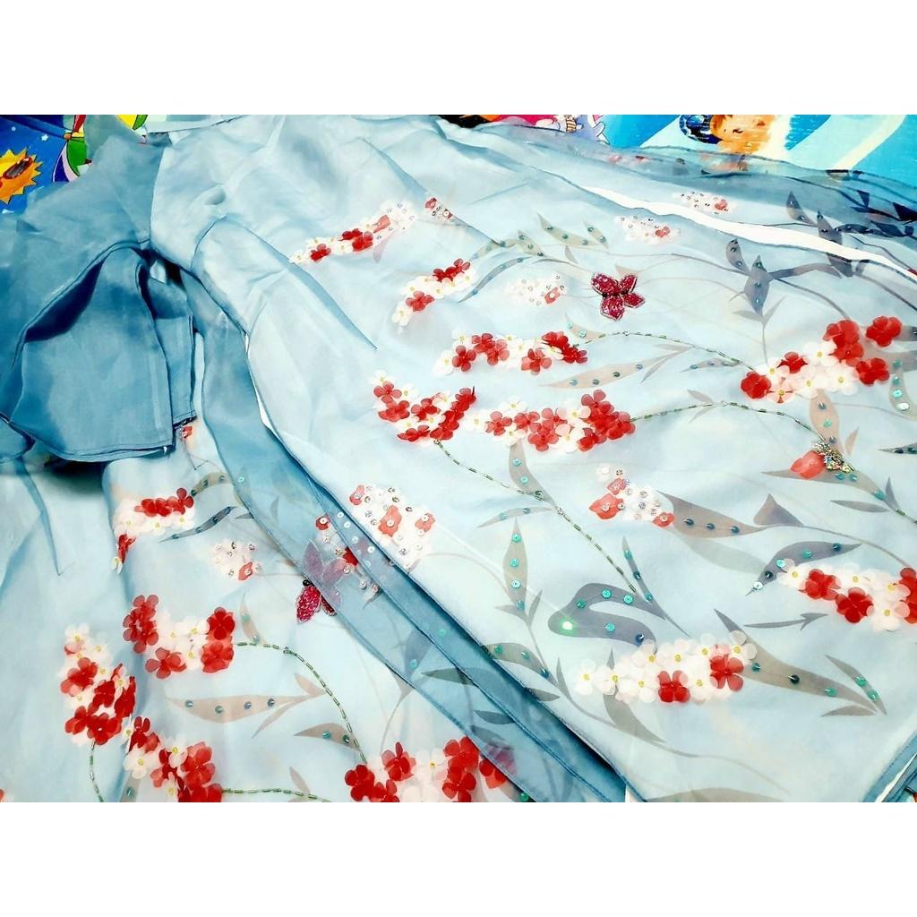 Áo dài cách tân tơ đính kết hoa màu xanh ngọc đẹp lạ chụp ảnh MS 04 .