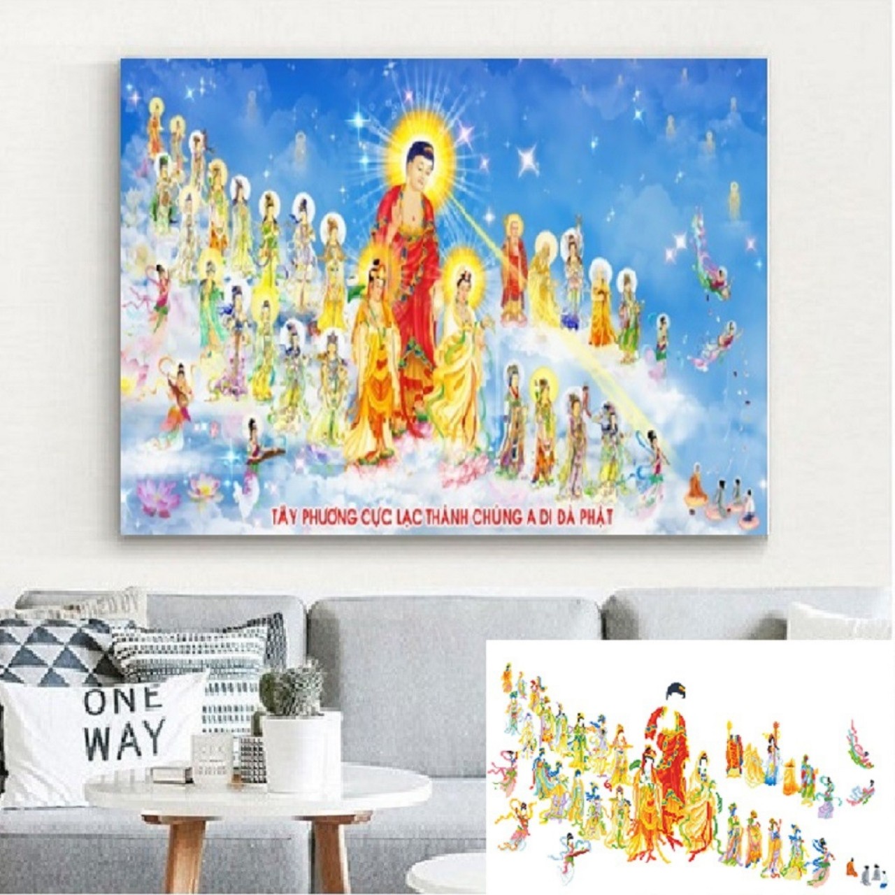 Tranh thêu Tây phương cực lạc thánh chúng a di đà - chưa thêu