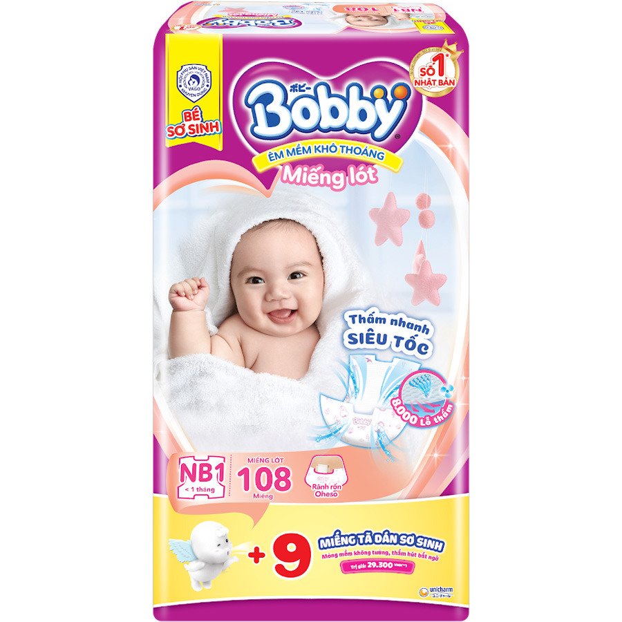 Miếng lót sơ sinh Bobby Newborn 1 - 108 miếng - Tặng 9 miếng Tã dán Sơ sinh size S