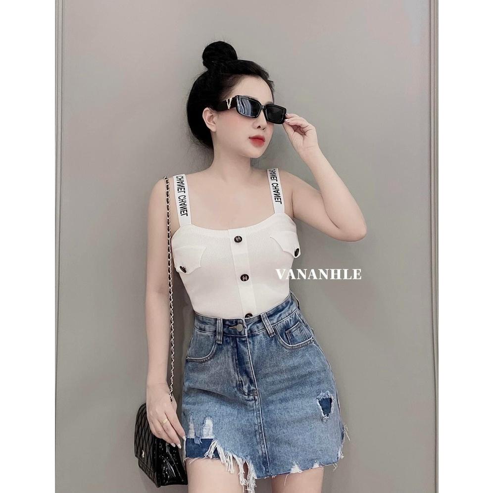 Áo len 2 dây C.N croptop khuy túi