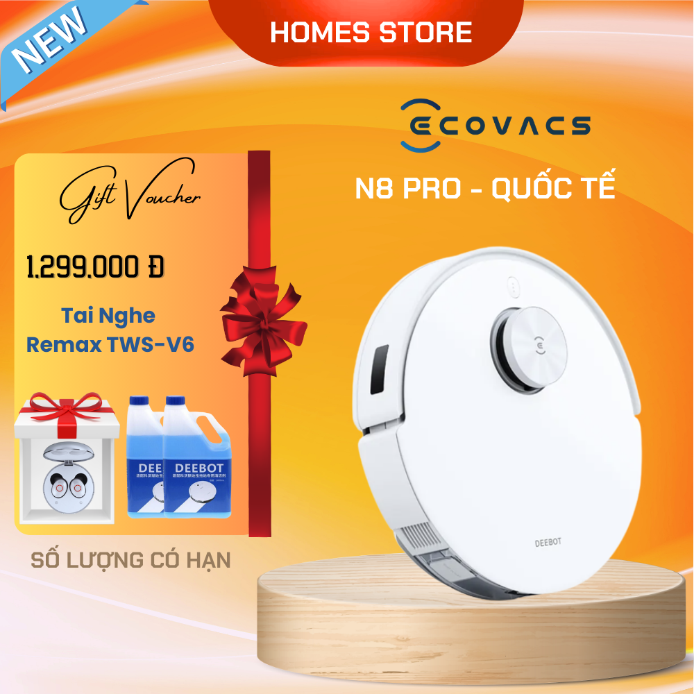 Robot Hút Bụi Lau Nhà ECOVACS Deebot N8 Pro Kết Nối App Công nghệ OZMO 2.0 Lực Hút 2600 Pa Phù Hợp Diện Tích 200m2 Công Suất 40W - Hàng Chính Hãng