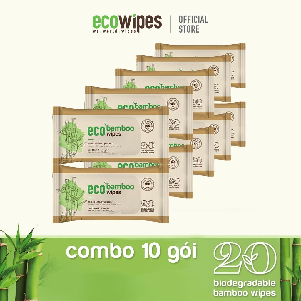 Combo 10 gói khăn giấy ướt cao cấp EcoWipes Bamboo gói 20 tờ vải sợi tre sinh thái không mùi có thể phân hủy