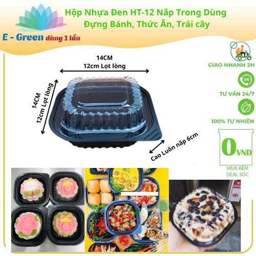 Lốc 10-50-100 Hộp Nhựa Vuông Đen HT-12 Nắp Trong Dùng Đựng Bánh, Trái Cây, Xôi, Kích Thướt 14cm x 14cm x 6cm