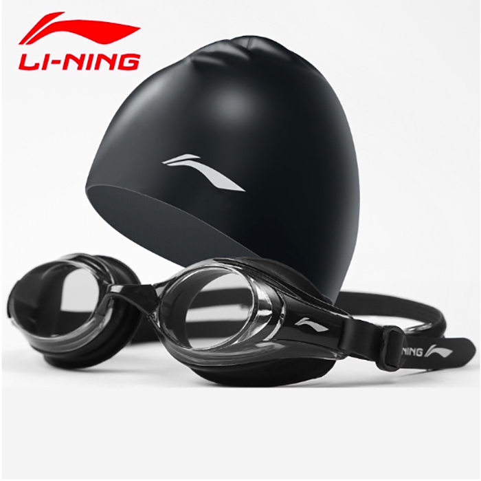 Bộ Kính bơi người lớn LI-NING chống sương mù (Đen) và Nón bơi LI-NING (Đen) - Hàng chính hãng