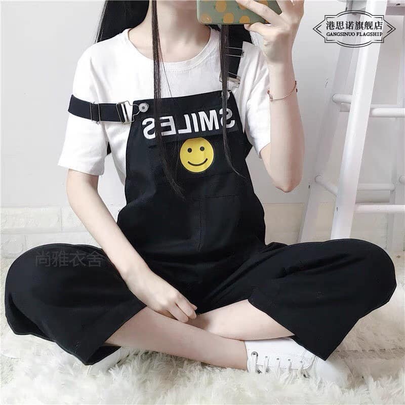 Quần yếm baggy kaki túi hộp in chữ Smiles cho nữ freesize đẹp, trẻ trung, năng động, cá tính