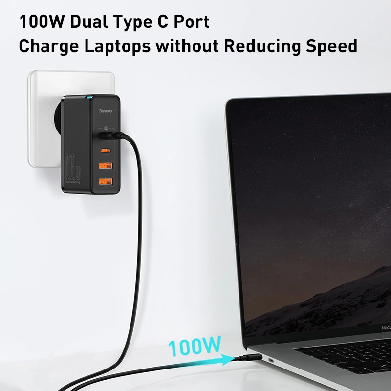 Bộ sạc nhanh Baseus GaN2 Pro Quick Charger 4 Ports (100W, Type C*2 &amp; USB*2, PD/ QC3.0/ QC4+/ PPS/ SCP/ FCP/ AFC/ Apple 2.41/ BC1.2, Multi Quick charge protocol support) - Hàng Chính Hãng