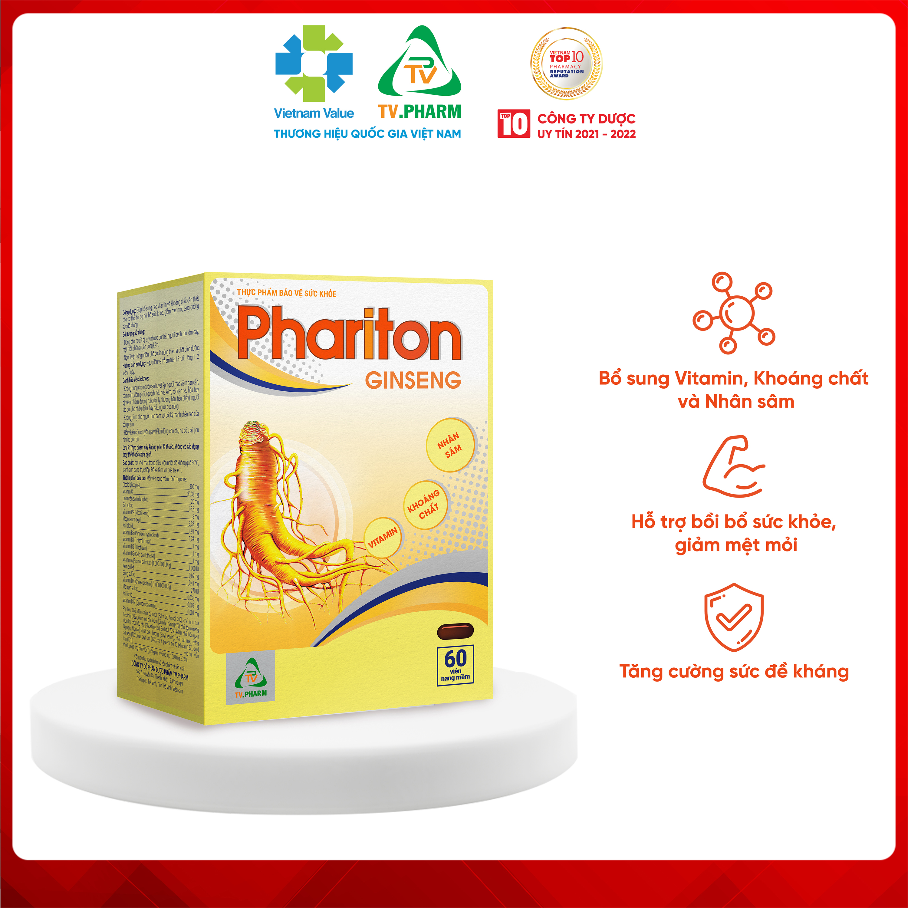 Thực phẩm bảo vệ sức khỏe PHARITON GINSENG - Bổ sung Vitamin, Khoáng chất và Nhân sâm cho cơ thể