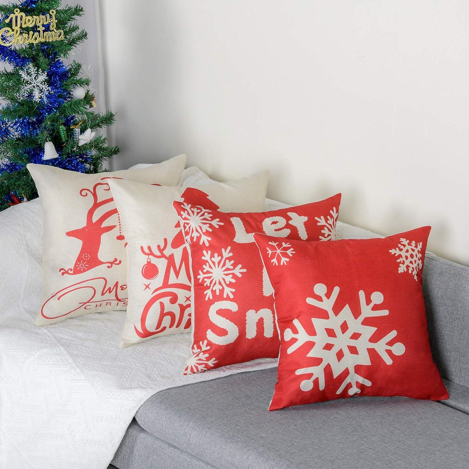 Gối vỏ, lô 4 bằng bông và vải lanh Giáng sinh in đệm vuông đệm cho giường sofa 45 x 45 cm