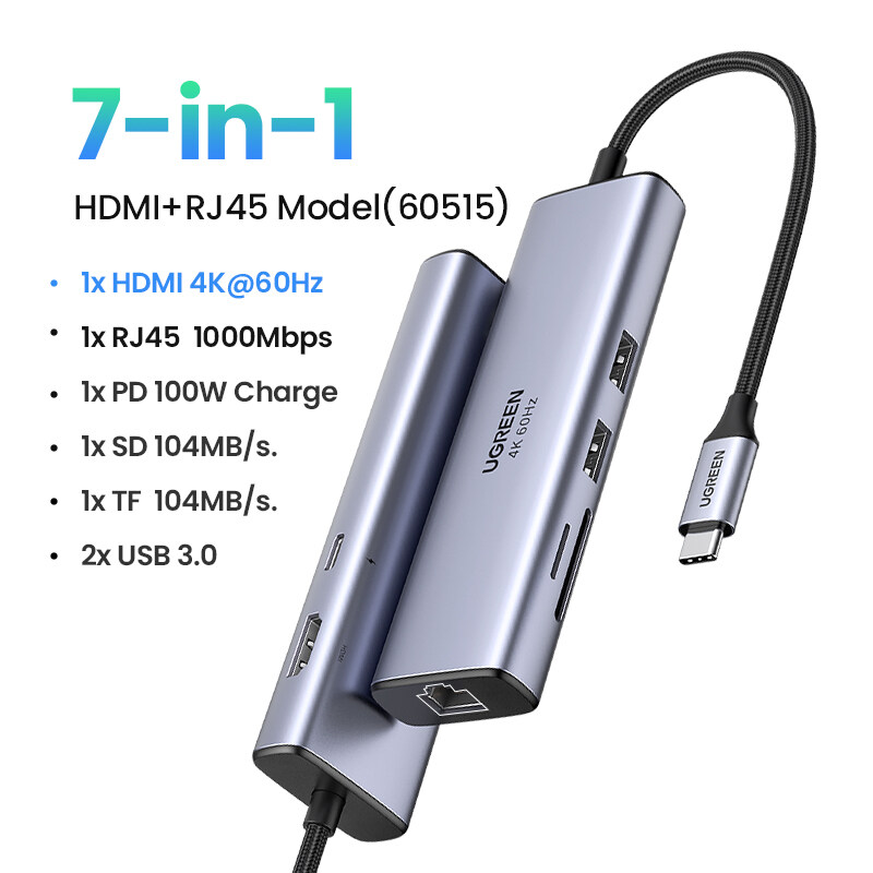 Hub chuyển đổi Ugreen 7 trong 1 USB Type-C CM512 4K@60Hz- hàng chính hãng