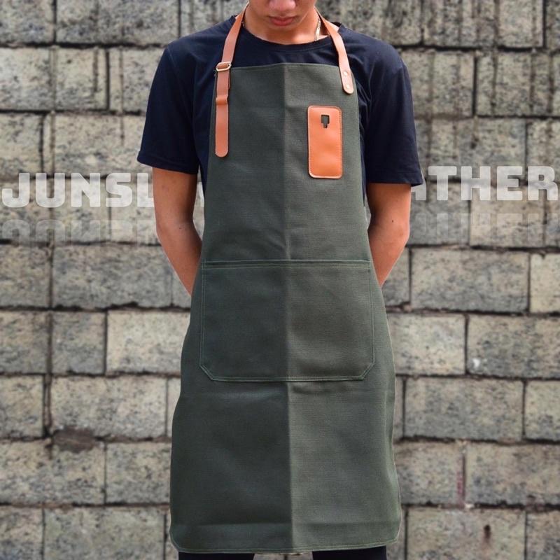 Tạp dề pha chế vải canvas dây da của Junsleather phối da bò cao cấp dành cho Barista/Bartender quán cà phê
