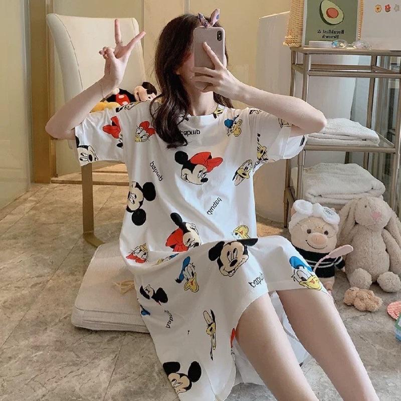 Váy ngủ cộc tay dễ thương dáng suông màu sắc dễ mặc