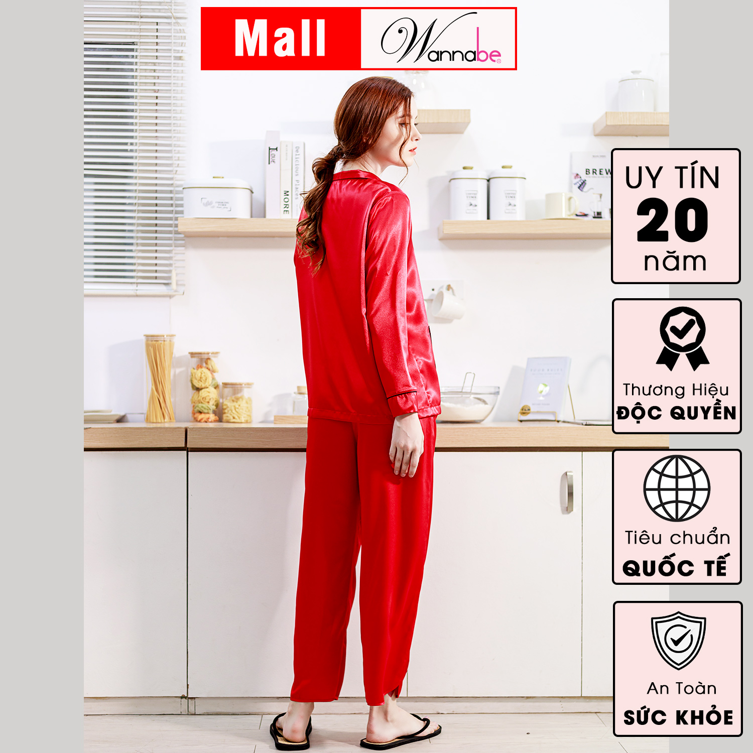 Đồ bộ mặc nhà pijama nữ WANNABE BDS44 đồ bộ quần dài phối áo tay dài trang trí hai túi bo tròn xinh xắn nữ tính quý phái