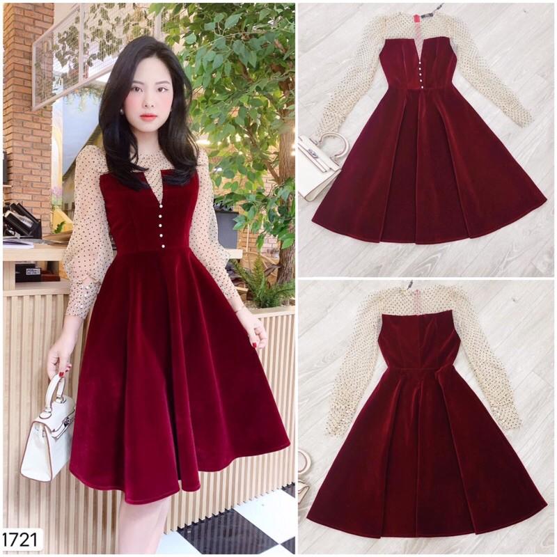Đầm nhung đỏ xoè phối voan lưới khoét cổ V siêu sang